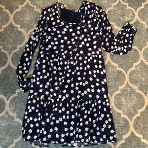 J.Crew Navy Floral Tiered Tie Neck Long Sleeve Dress with Pockets Size S